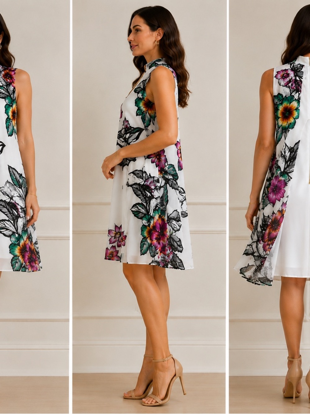 JOSEPH RIBKOFF Floral Overlay Dress Size 8 Tropical Print Layered Open Back